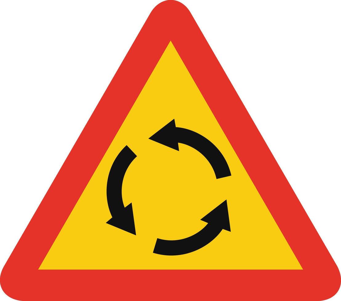 Triangular traffic signal in yellow and red, isolated on white background. Temporary warning of roundabout ahead vector