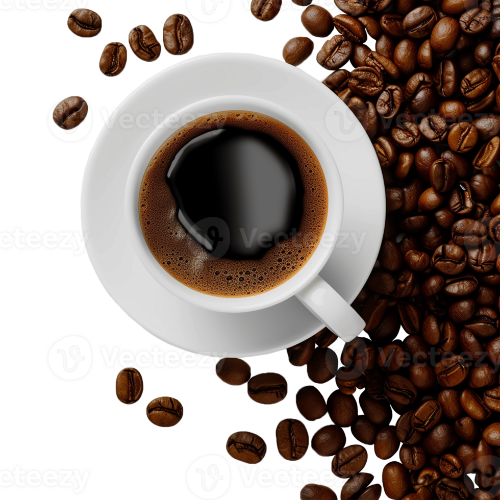 Freshly Brewed Black Coffee In White Cup With Coffee Beans png
