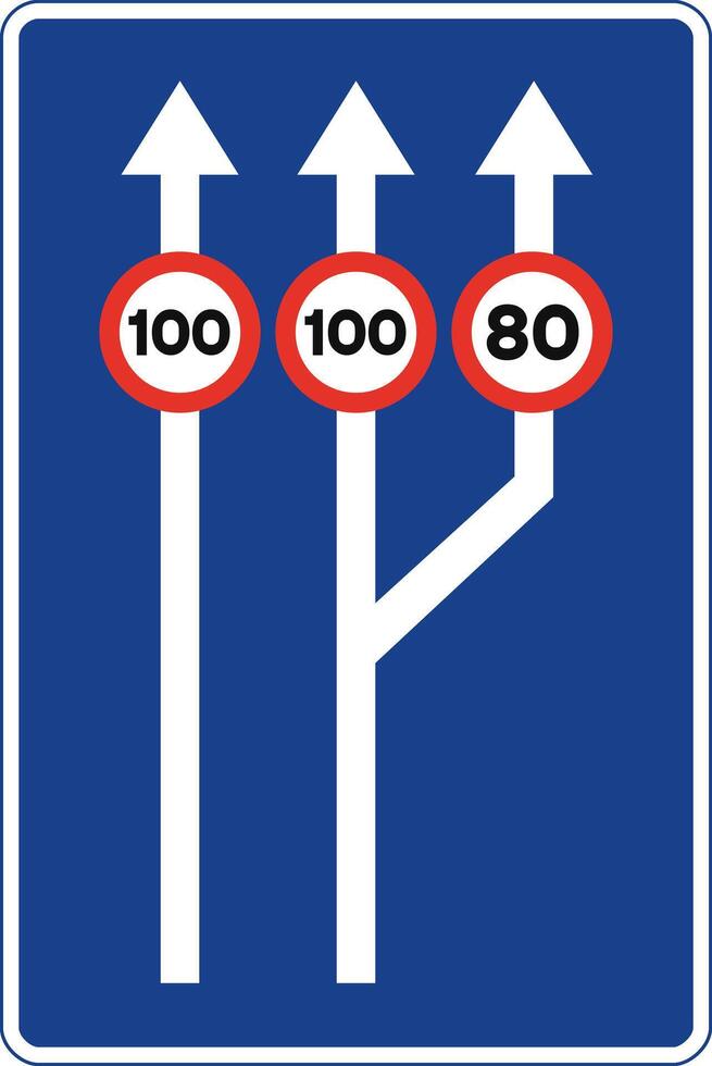Rectangular traffic signal in blue and white, isolated on white background. Passage from two to three traffic lanes with maximun speed limitation for each one vector