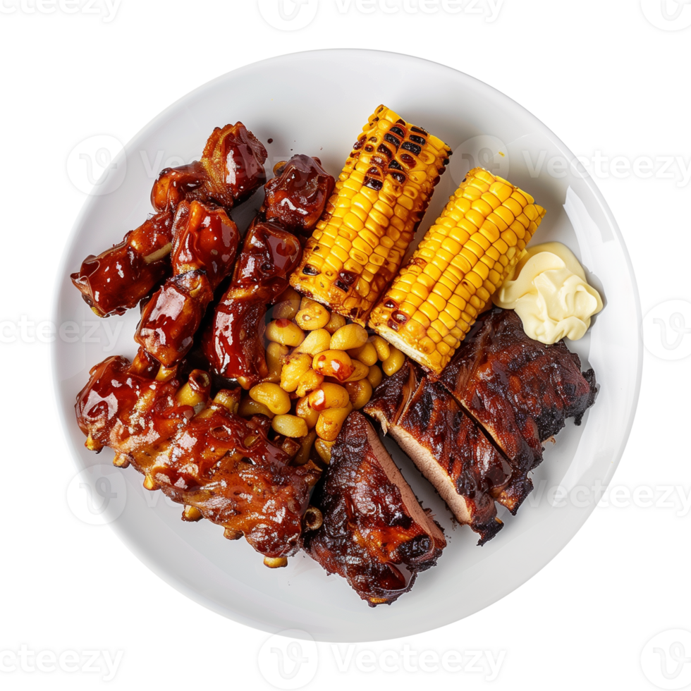 Delicious BBQ Plate with Grilled Corn and Ribs on Transparent Background png