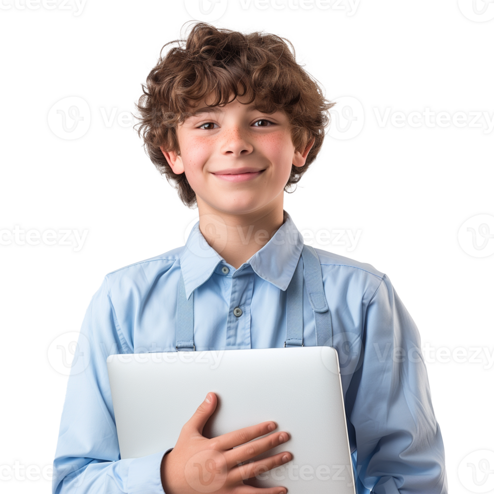 Smiling School Boy with Curly Hair Holding Laptop png