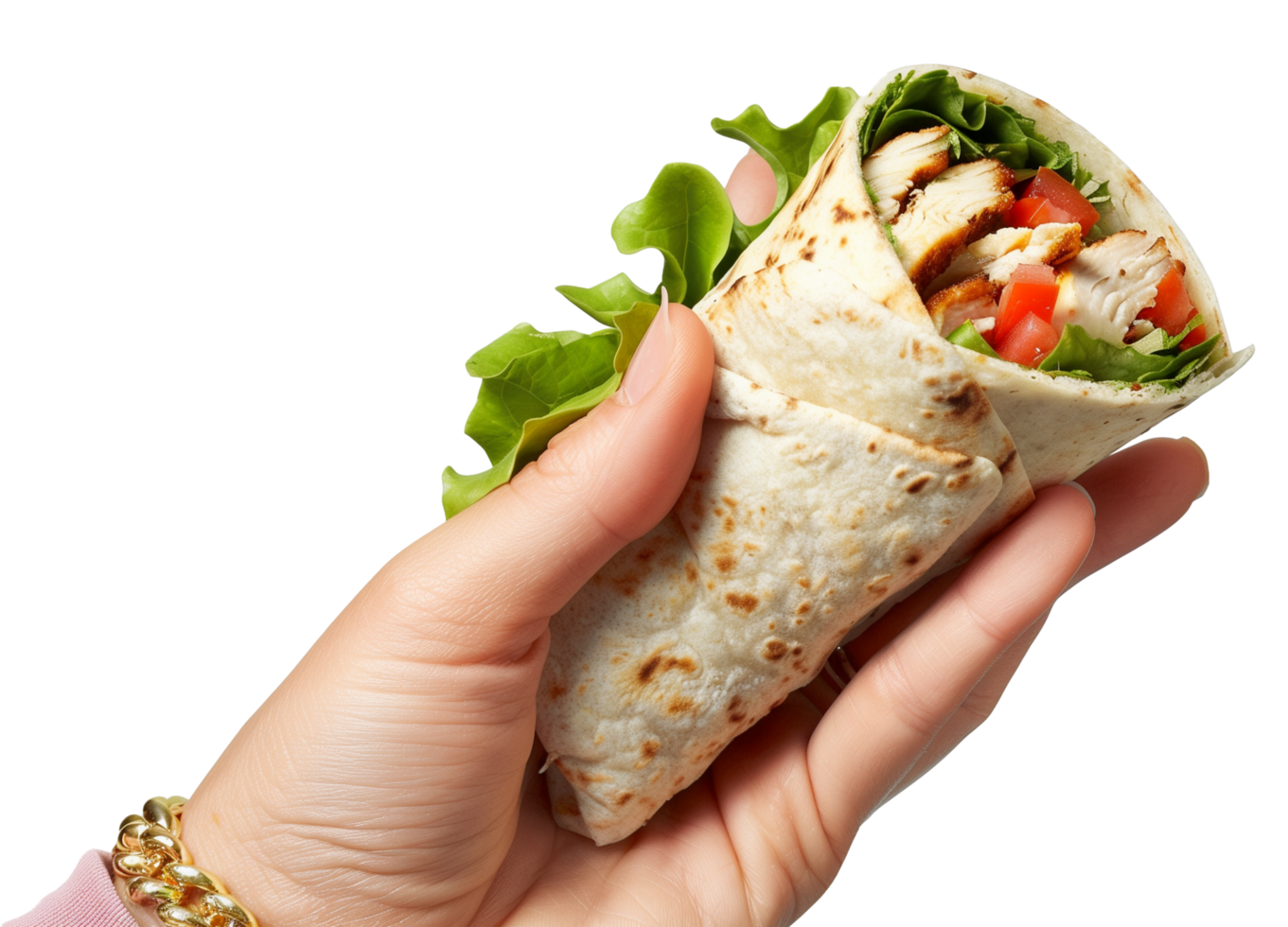 Hand Holding a Chicken Wrap with Vegetables on a Transparent Background png