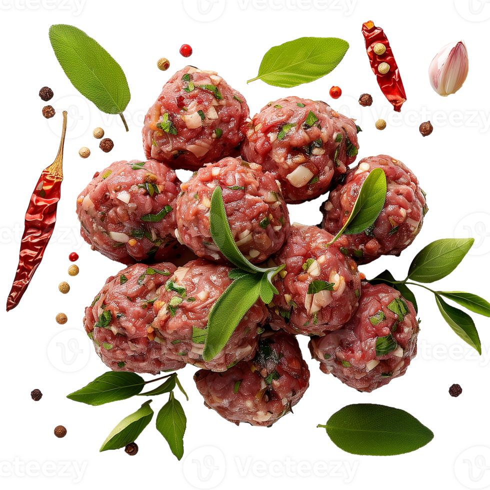 Photorealistic Top View of Meatballs with Spices on Transparent Background png