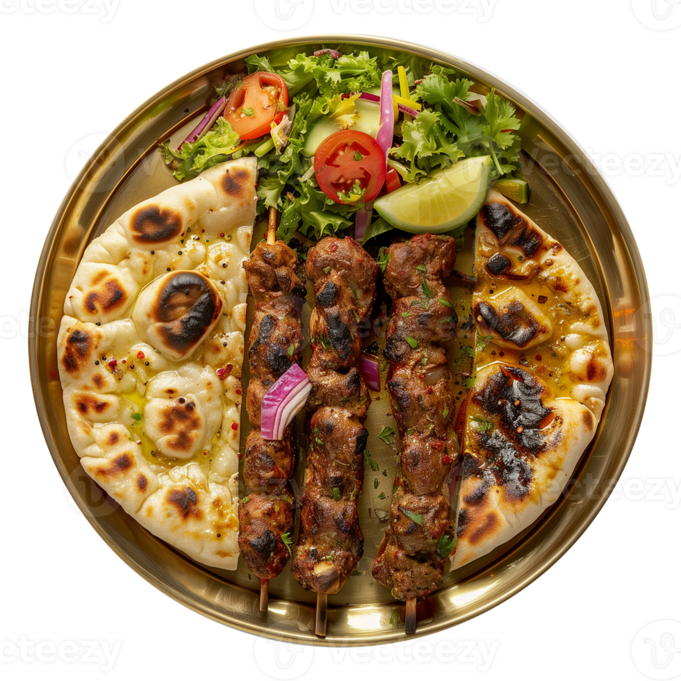 Delicious Seekh Kebab with Naan Bread and Fresh Salad png