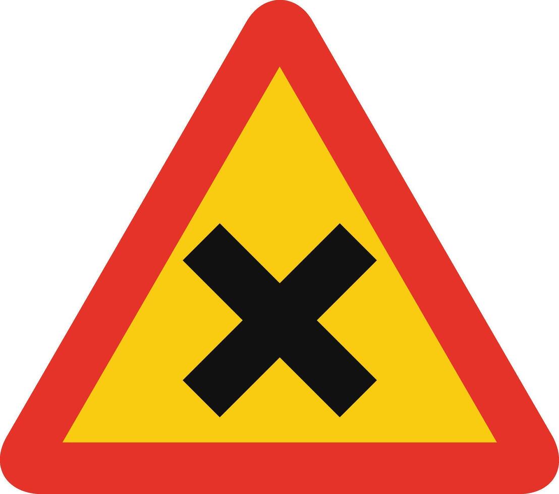 Triangular traffic signal in yellow and red, isolated on white background. Temporary warning of crossroad ahead with priority on the right vector