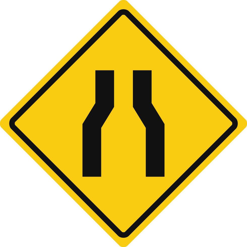 Rhomboid traffic signal in yellow and black, isolated on white background. Warning of narrow road ahead vector