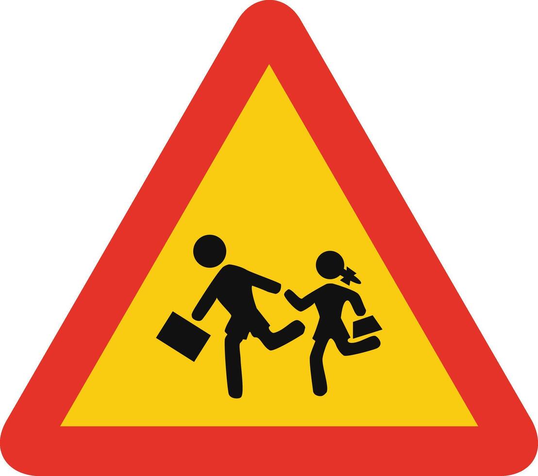 Triangular traffic signal in yellow and red, isolated on white background. Temporary warning of proximity of a school or playground vector