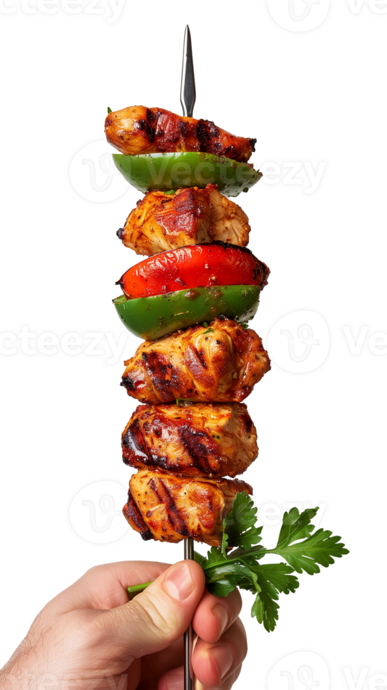 Hand Holding Grilled Chicken Kebab Skewer with Vegetables png