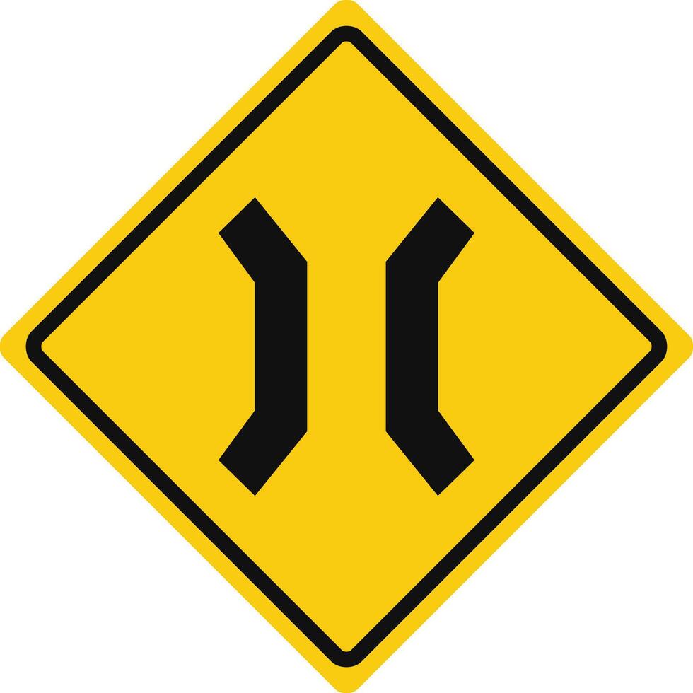 Rhomboid traffic signal in yellow and black, isolated on white background. Warning of road narrowing vector