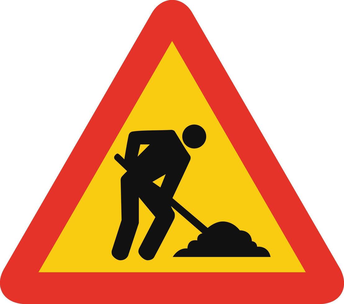 Triangular traffic signal in yellow and red, isolated on white background. Temporary warning of men at work vector