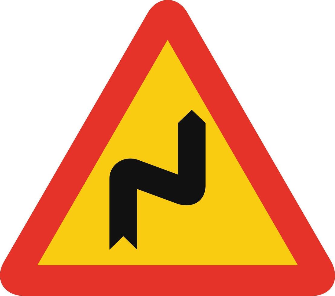 Triangular traffic signal in yellow and red, isolated on white background. Temporary warning of right reverse bend vector