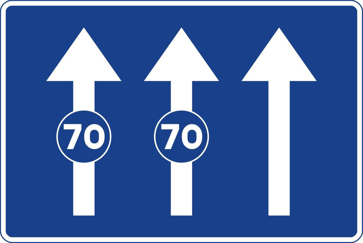 Rectangular traffic signal in blue and white, isolated on white background. Lanes reserved for traffic based on indicated speed vector