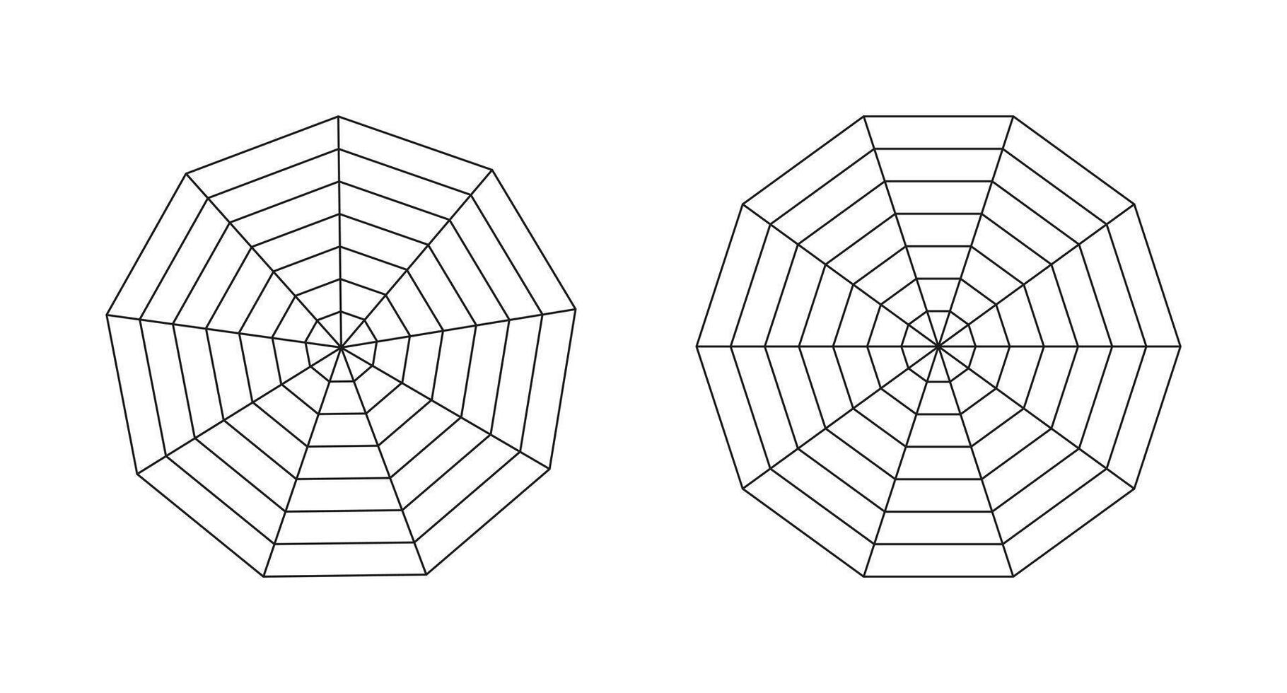 Radar, spider diagram template. Polygon graphs. Spider mesh. Diagrams for statistic and analytic. Blank radar charts. Simple coaching tool. Decagon, enneagon grid with segments. Flat illustration. vector
