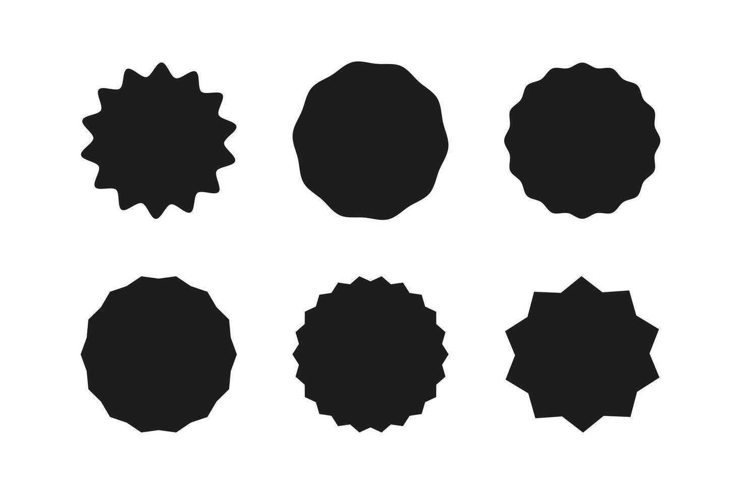 Round black badges. Set of circle sticker. Wavy edge promo symbol. Star burst shape tags for price. Blank sale templates. Simple silhouette icon. Flat vintage label. vector