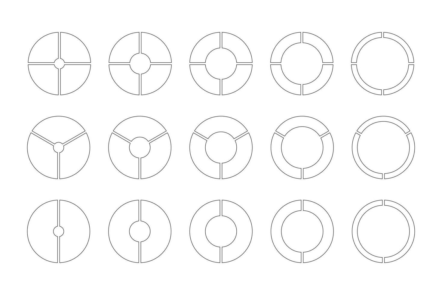 Circle division on 2, 3, 4 equal parts. Wheel round divided diagrams with two, three, four segments. Set of infographic. Coaching blank. Section graph. Pie, pizza chart icons. Outline donut charts. vector