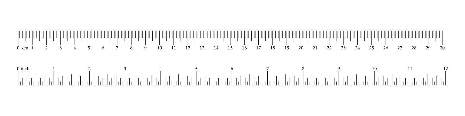 Scale with 12 inch, 30 centimeter with markup and numbers. Measuring charts of metric, imperial units. Distance, height, length measurement, sewing tool. Black template on a white background. vector