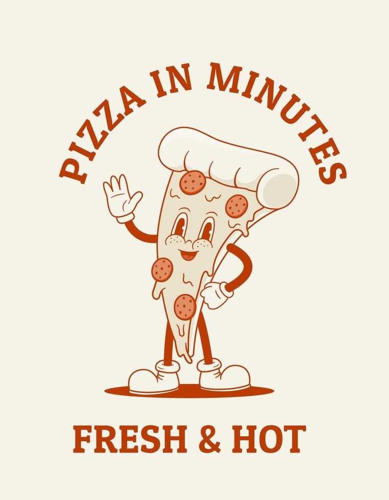 Retro cartoon funny pizza character illustration. Food delivery poster, pizzeria print, logo emblem. vector