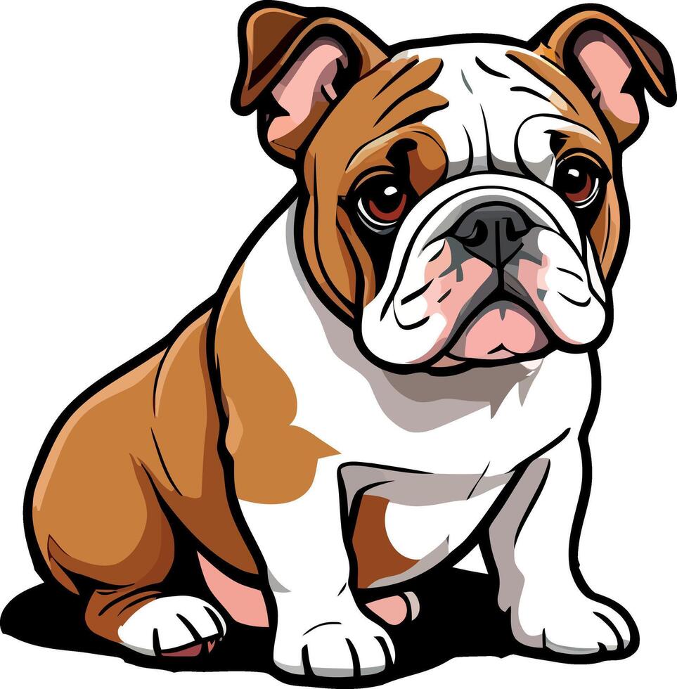 Charming Bulldogs are lying, playing, jumping, running, sitting, standing, Illustrations . Playful Pups Brown and White Bulldog Art . vector