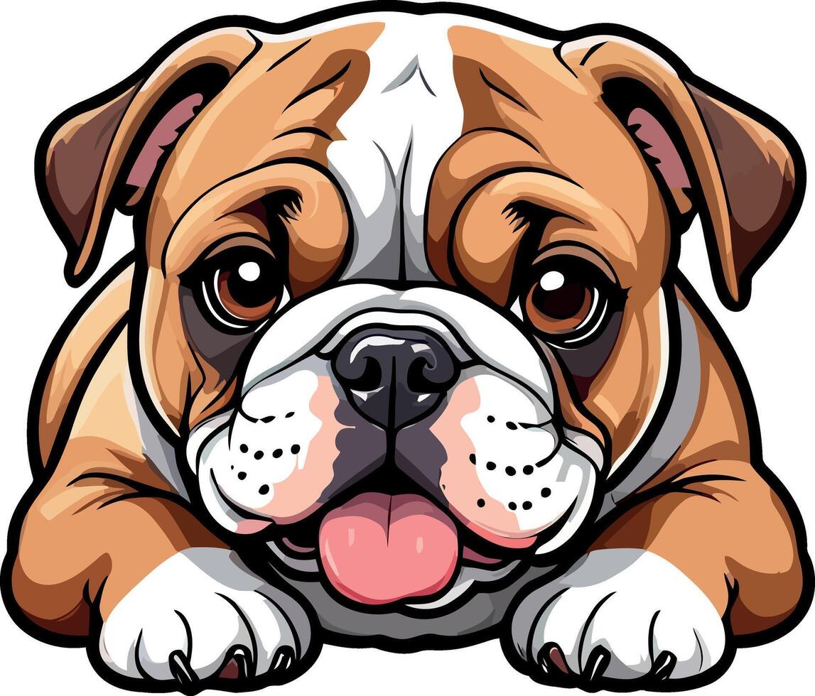 Charming Bulldogs are lying, playing, jumping, running, sitting, standing, Illustrations . Playful Pups Brown and White Bulldog Art . vector