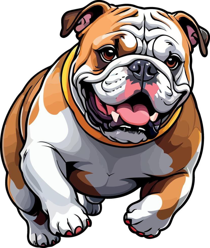 Charming Bulldogs are lying, playing, jumping, running, sitting, standing, Illustrations . Playful Pups Brown and White Bulldog Art . vector
