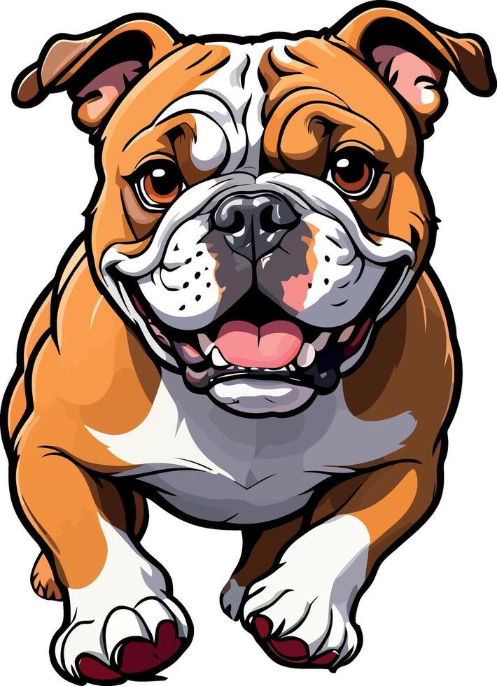 Charming Bulldogs are lying, playing, jumping, running, sitting, standing, Illustrations . Playful Pups Brown and White Bulldog Art . vector