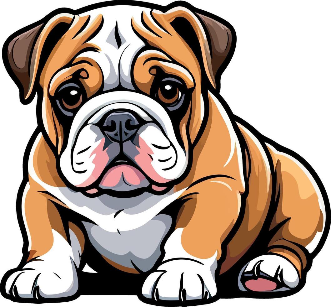 Charming Bulldogs are lying, playing, jumping, running, sitting, standing, Illustrations . Playful Pups Brown and White Bulldog Art . vector