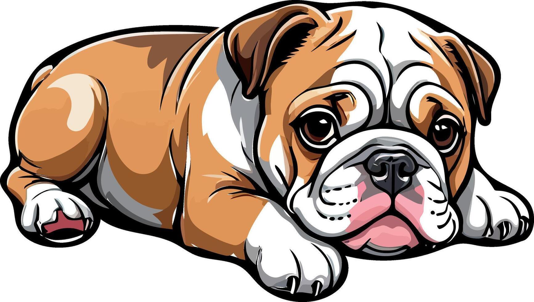 Charming Bulldogs are lying, playing, jumping, running, sitting, standing, Illustrations . Playful Pups Brown and White Bulldog Art . vector