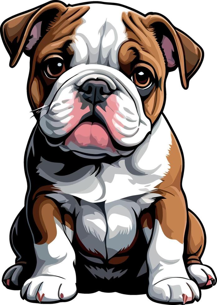 Charming Bulldogs are lying, playing, jumping, running, sitting, standing, Illustrations . Playful Pups Brown and White Bulldog Art . vector