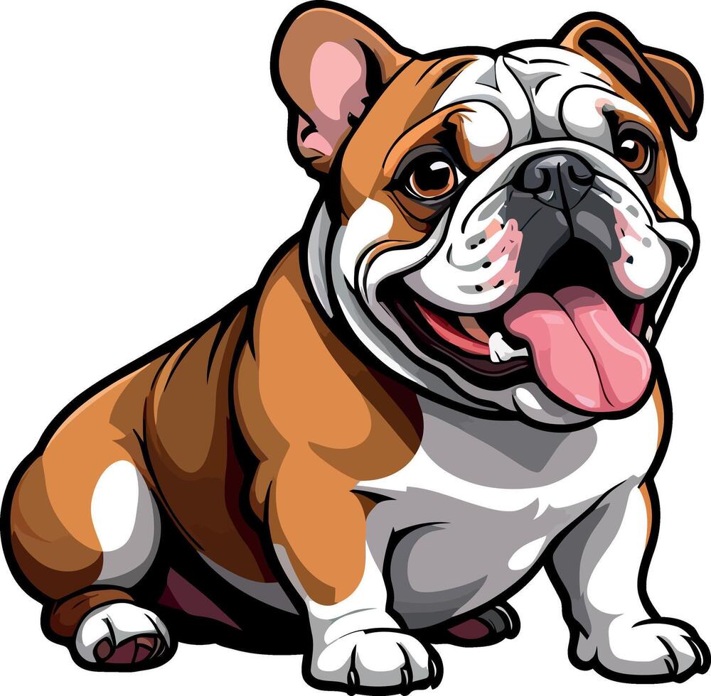 Charming Bulldogs are lying, playing, jumping, running, sitting, standing, Illustrations . Playful Pups Brown and White Bulldog Art . vector