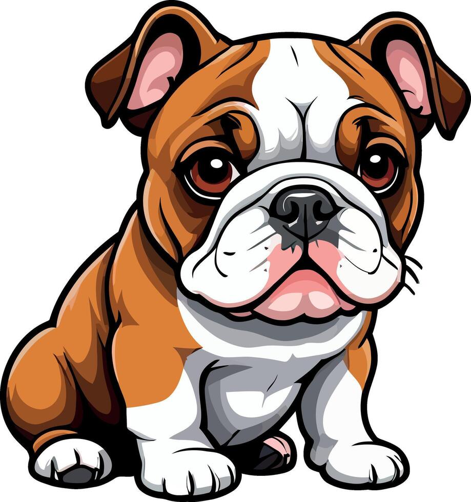 Charming Bulldogs are lying, playing, jumping, running, sitting, standing, Illustrations . Playful Pups Brown and White Bulldog Art . vector