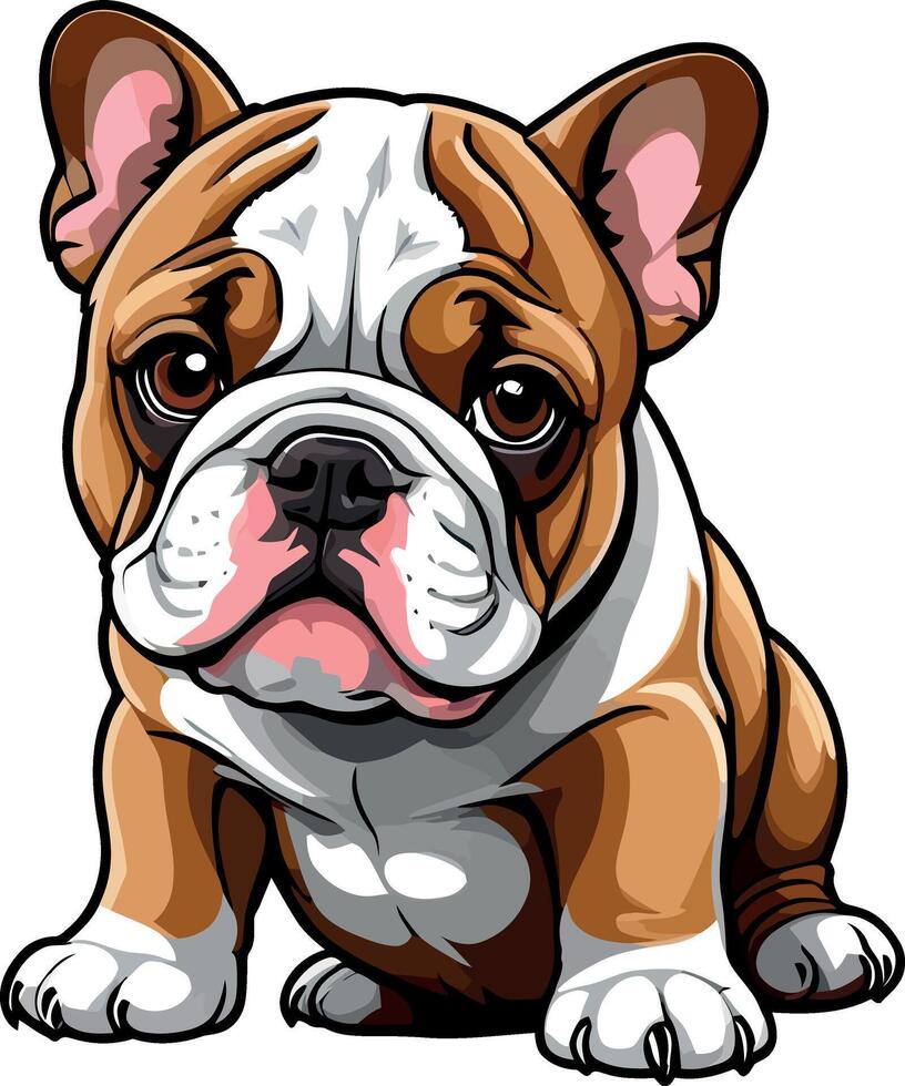 Charming Bulldogs are lying, playing, jumping, running, sitting, standing, Illustrations . Playful Pups Brown and White Bulldog Art . vector