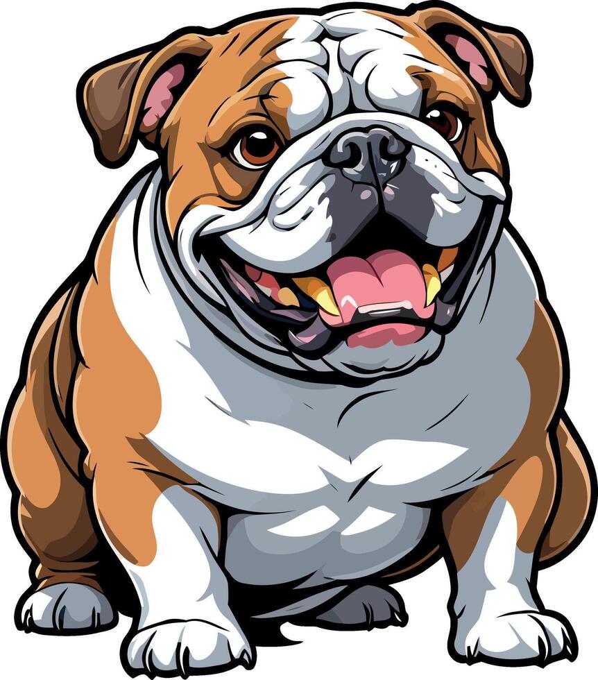Charming Bulldogs are lying, playing, jumping, running, sitting, standing, Illustrations . Playful Pups Brown and White Bulldog Art . vector