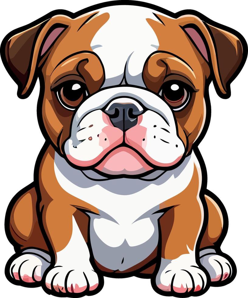 Charming Bulldogs are lying, playing, jumping, running, sitting, standing, Illustrations . Playful Pups Brown and White Bulldog Art . vector