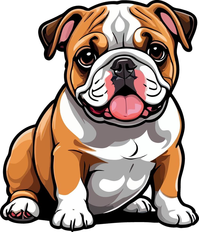 Charming Bulldogs are lying, playing, jumping, running, sitting, standing, Illustrations . Playful Pups Brown and White Bulldog Art . vector