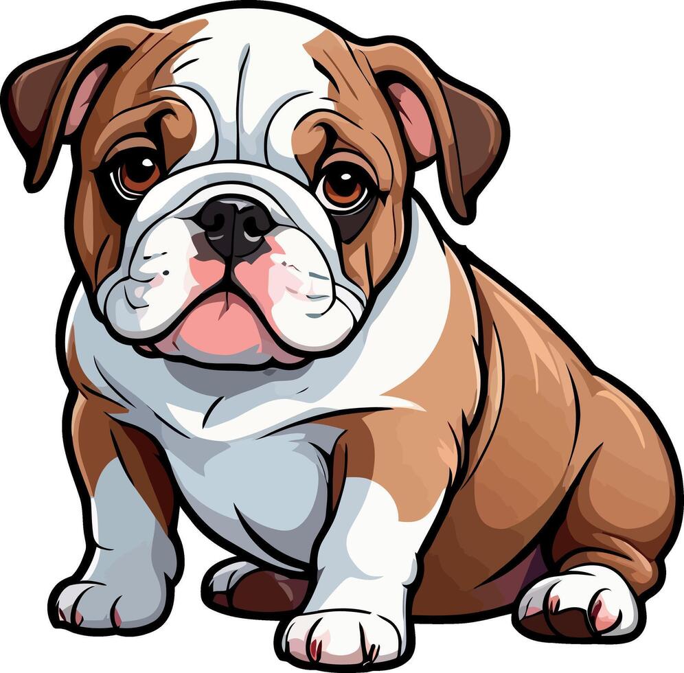 Charming Bulldogs are lying, playing, jumping, running, sitting, standing, Illustrations . Playful Pups Brown and White Bulldog Art . vector