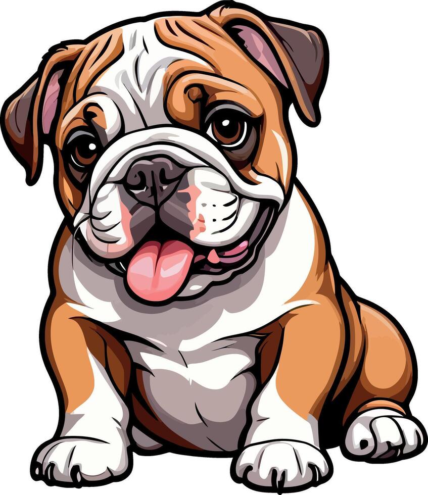 Charming Bulldogs are lying, playing, jumping, running, sitting, standing, Illustrations . Playful Pups Brown and White Bulldog Art . vector