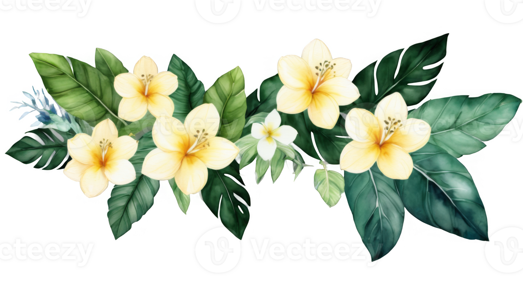 Watercolor of tropical spring floral green leaves and flowers, isolated on a transparent background. Perfect for bouquets, greeting cards, or wedding card decorations. png