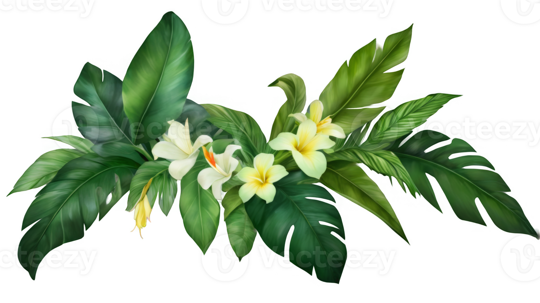 Watercolor of tropical spring floral green leaves and flowers, isolated on a transparent background. Perfect for bouquets, greeting cards, or wedding card decorations. png