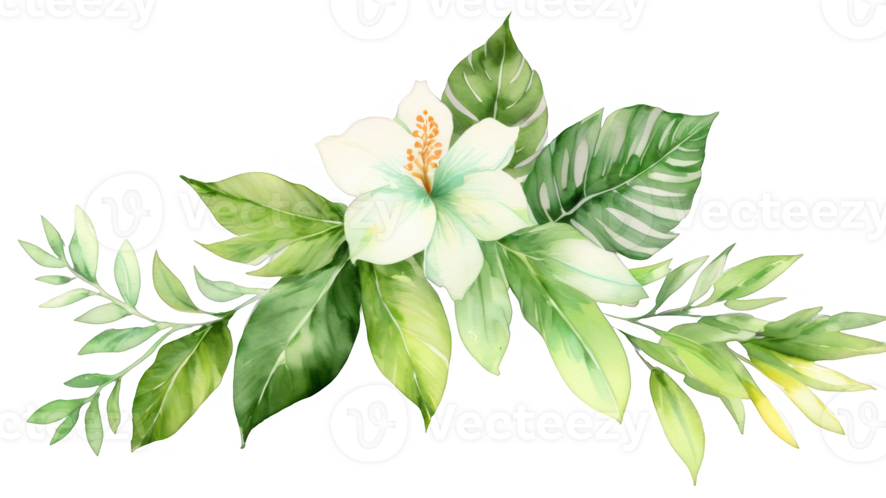 Watercolor of tropical spring floral green leaves and flowers, isolated on a transparent background. Perfect for bouquets, greeting cards, or wedding card decorations. png