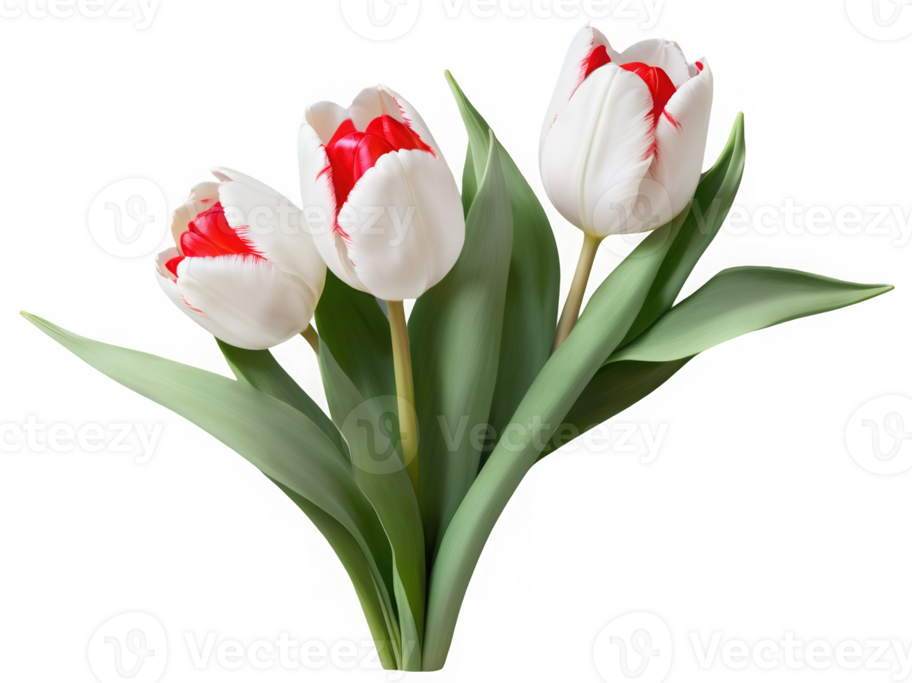 Large, beautiful, detailed and realistic elegant white and red Tulip flowers isolated png
