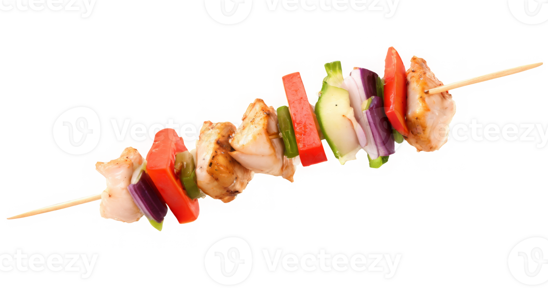 set of skewers, including chicken and vegetable, isolated on transparent background png