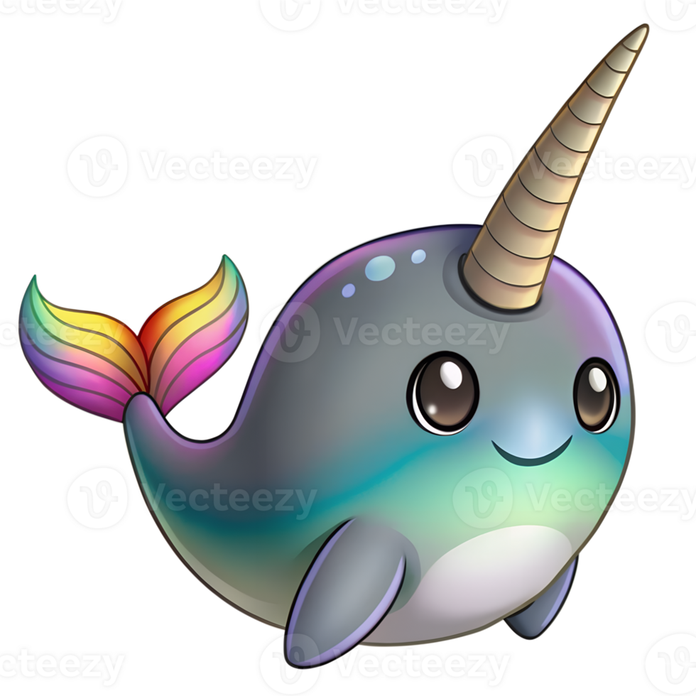 Cute rainbow narwhal cartoon illustration with a smiling face and vibrant colors, perfect for kids' designs and playful projects. png