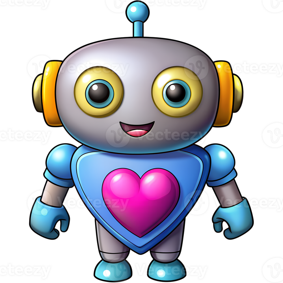 Cute cartoon robot with colorful heart design, bright eyes, and happy expression. Perfect for children's illustrations and tech themes. png