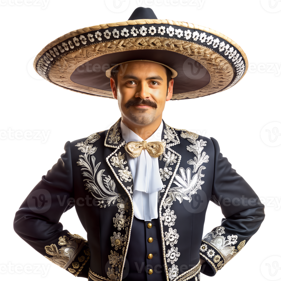 Man in traditional mariachi attire featuring embroidered suit and sombrero. Represents Mexican culture, music, and folk traditions. png