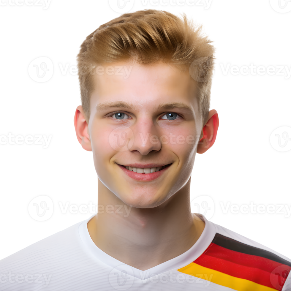 Smiling young man with blonde hair wearing a white sports jersey featuring red, black, and yellow stripes on the sleeve. png