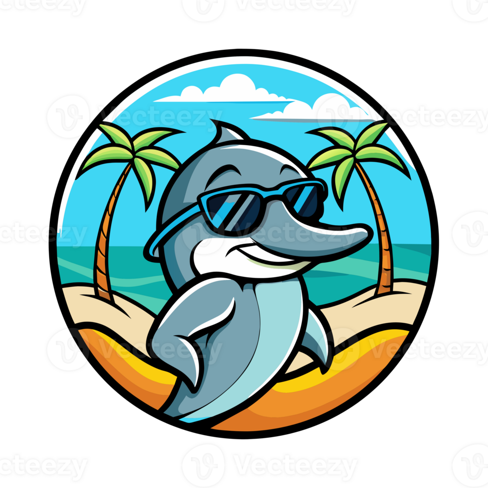 Cartoon dolphin wearing sunglasses, smiling on a tropical beach with palm trees and a sunny sky, perfect for vacation-themed graphics. png