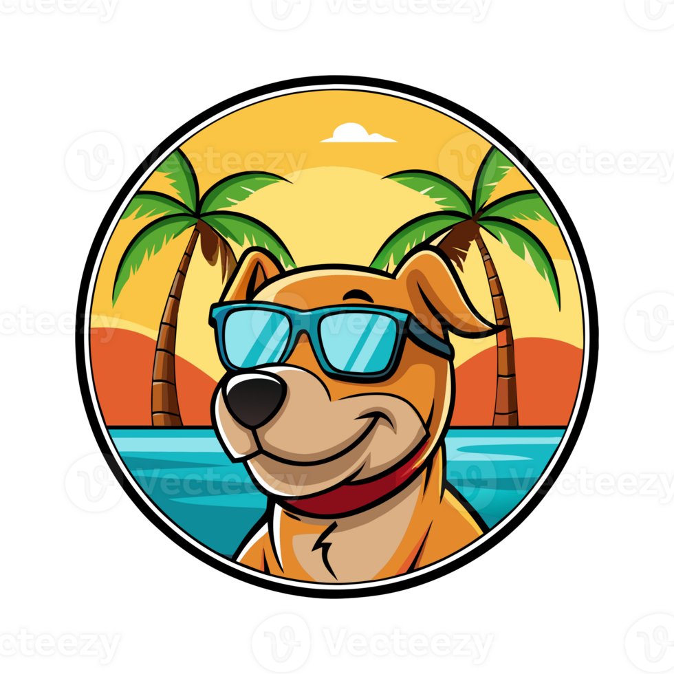 Cartoon dog wearing sunglasses, relaxing by the beach with palm trees and sunset in the background. png