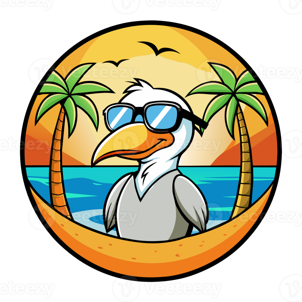 Cartoon seagull wearing sunglasses at a tropical beach with palm trees, bright sun, and blue ocean in the background. png