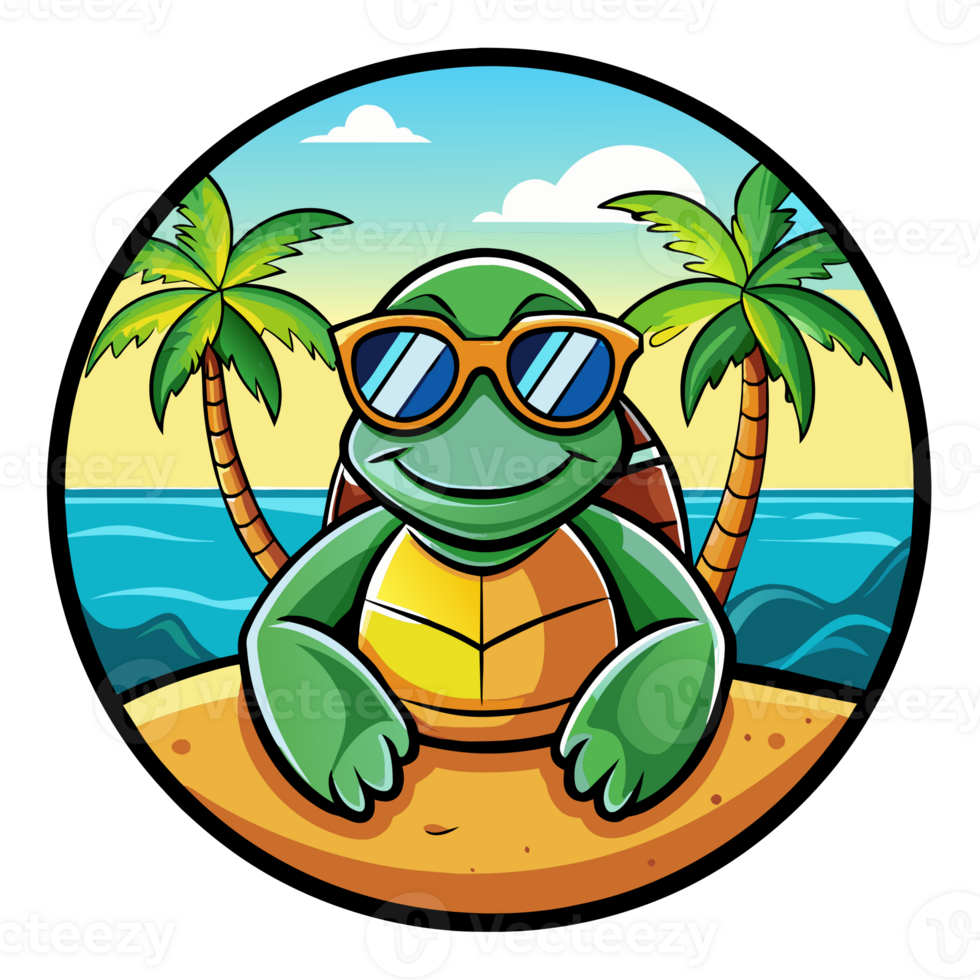 A cool cartoon turtle wearing sunglasses, relaxing on a tropical beach with palm trees and ocean in the background. png