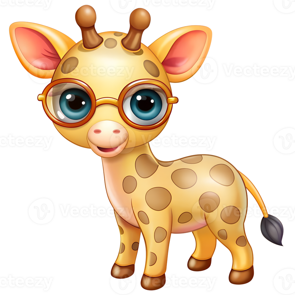 Cute cartoon giraffe with large glasses, big eyes, and a friendly expression, perfect for children's illustrations and design. png